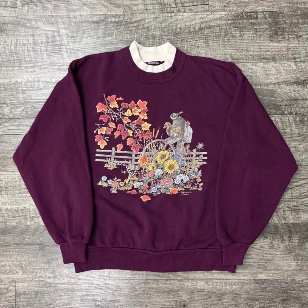 Vintage Nature Autumn Fall Flowers Squirrel Bird Grandma Sweatshirt M